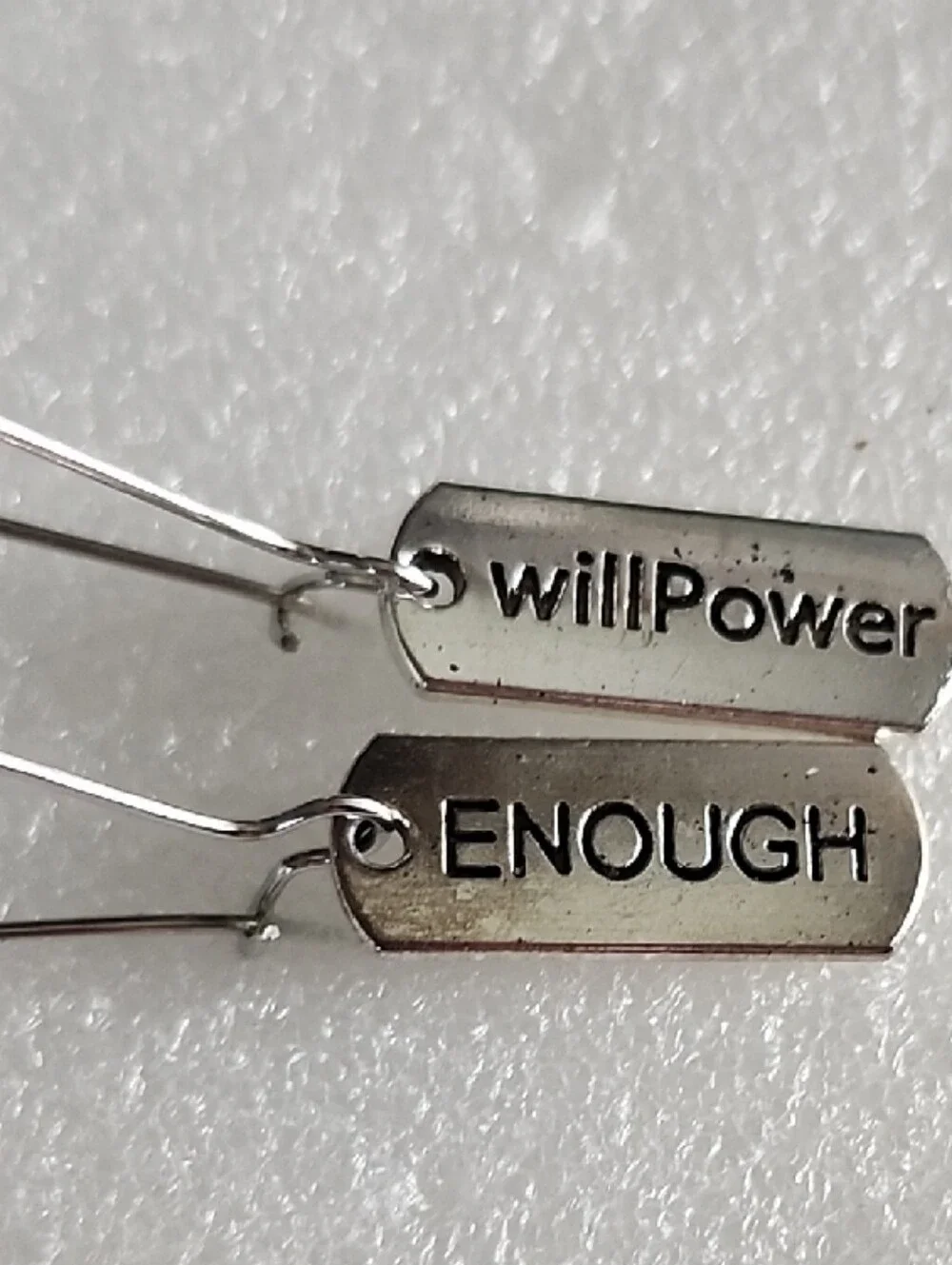 Hand Crafted Silver Tone Inspirational Tag Earrings - willPower & ENOUGH